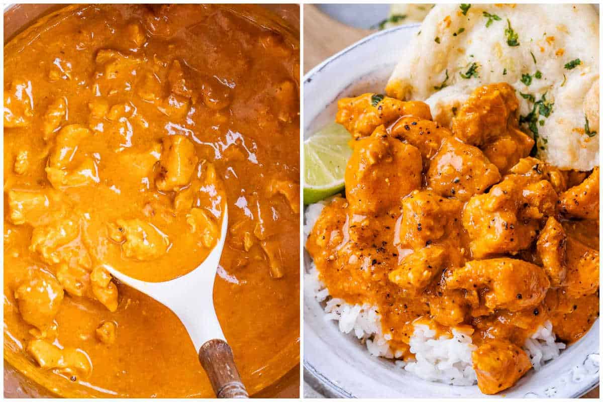 process shot to final chicken curry in slow cooker and serve on rice in a bowl.