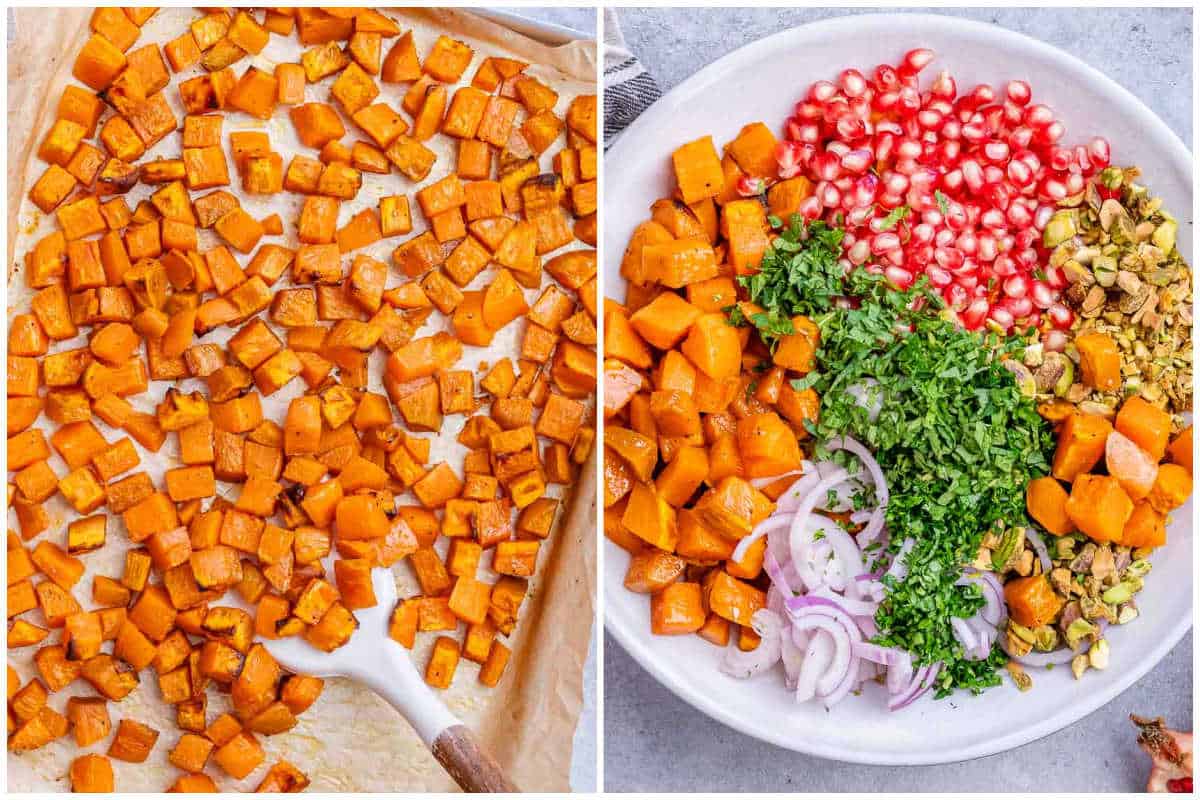 process shot to roasting potatoes and adding the ingredients to a bowl with the other veggies for salad.