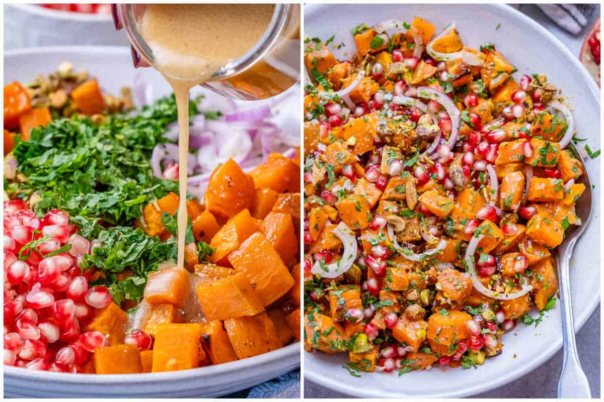 adding salad dressing to the salad and prepping the final salad over a bowl.