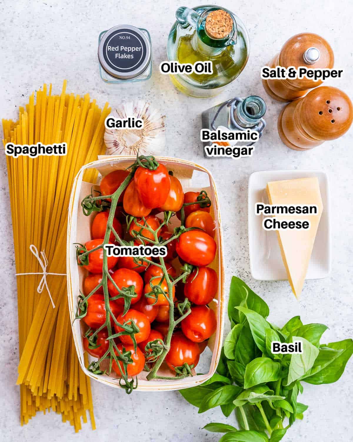 Tomato basil pasta ingredients.