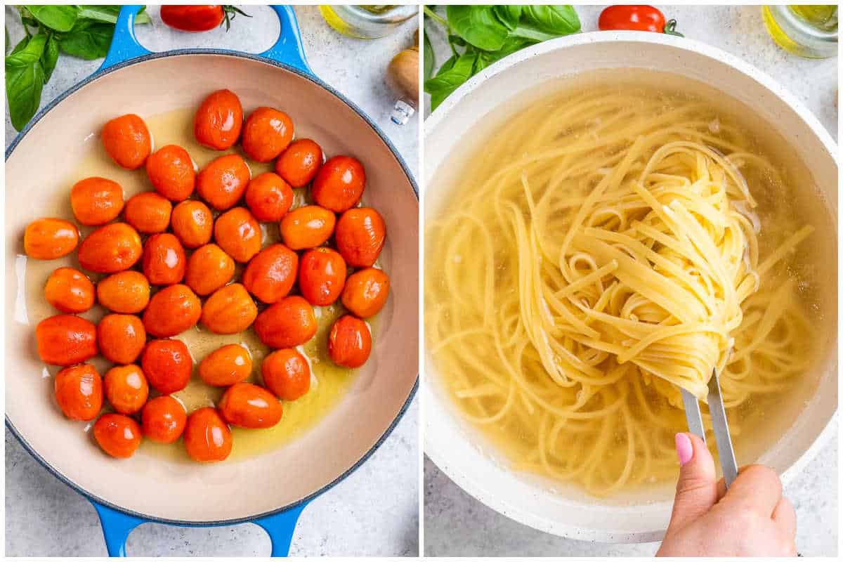 process shot to cook the tomato in a pan and the pasta in a pot.