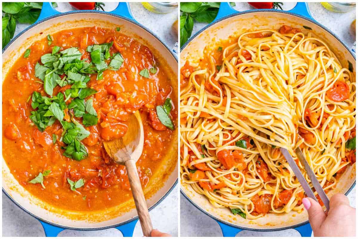 process shot to add pastes into the tomato sauce in the pan.