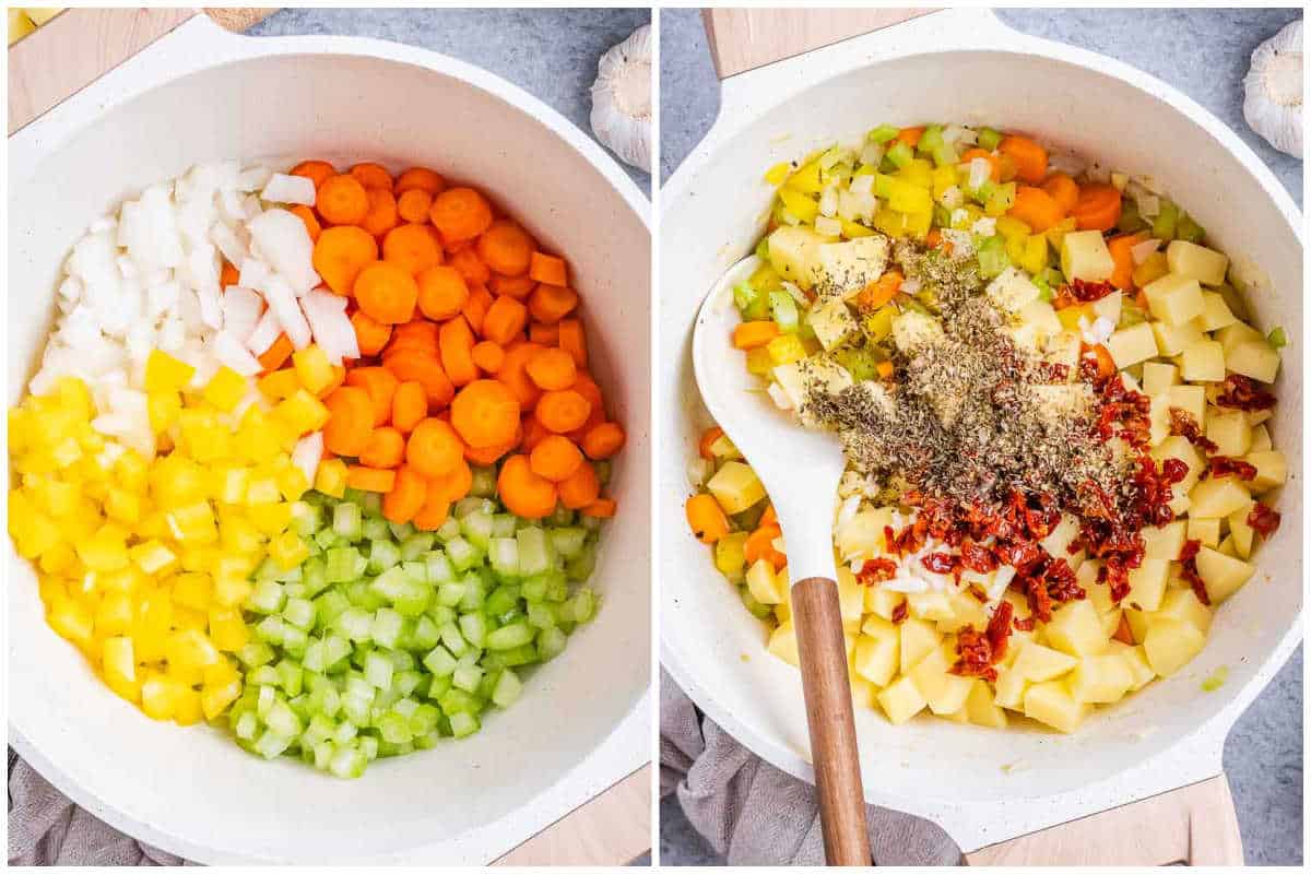 process shot of adding veggies to a bowl along with broth and seasoning. 