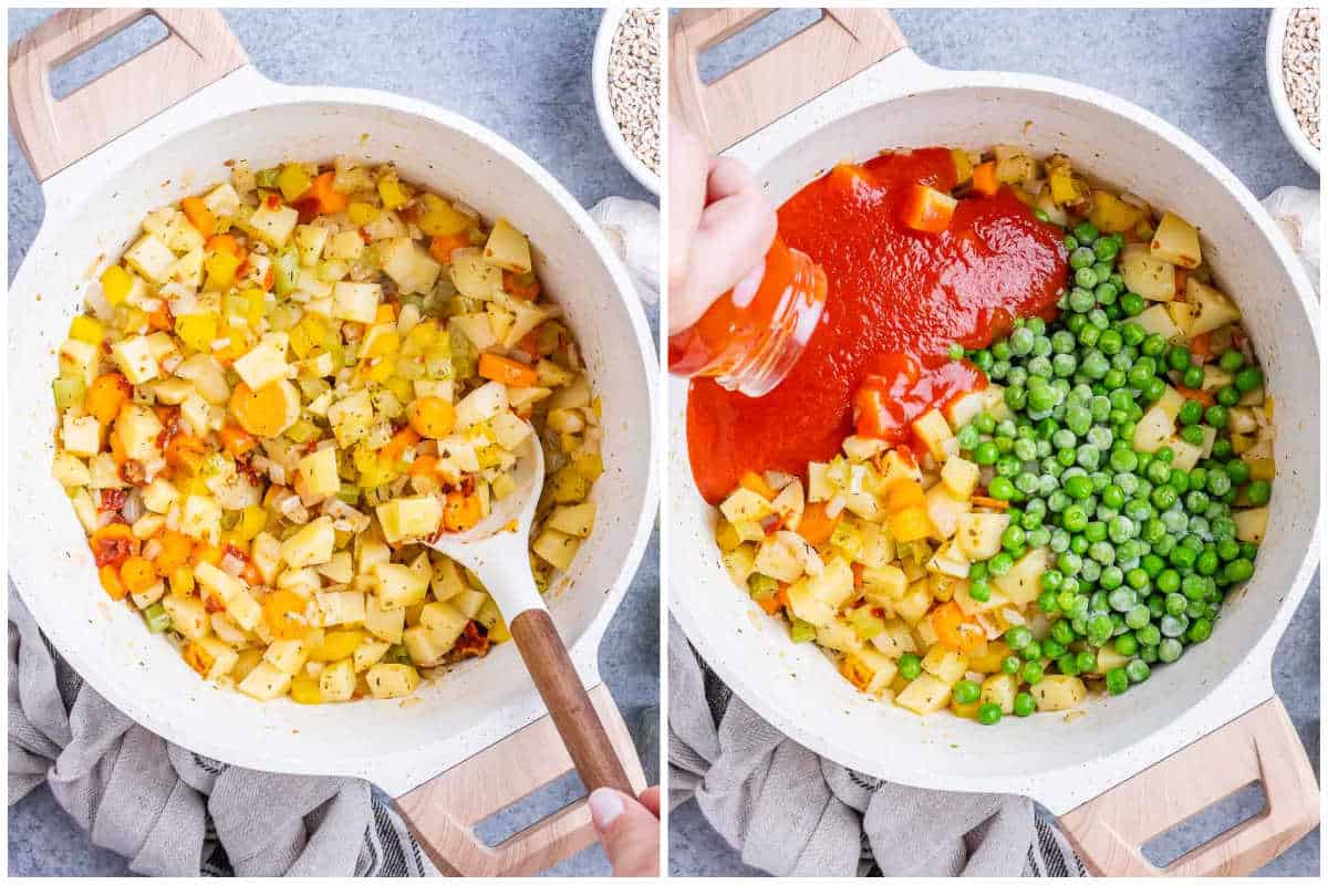 process shot of sauteed veggies and adding peas with tomato sauce into the pot.