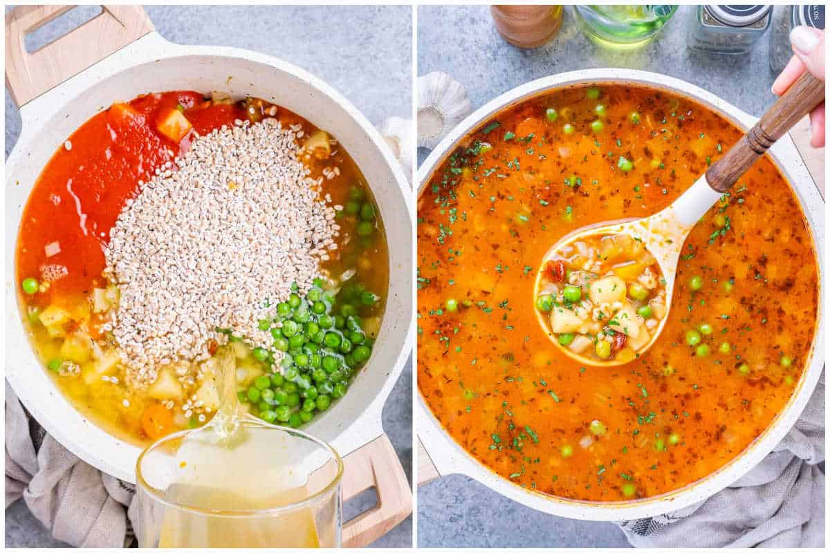 process shot of adding barely with sauteed veggies and making the veggie soup.