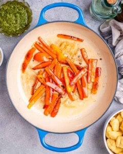 seared peppers in a pan.