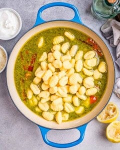 gnocchi added over the pesto sauce mix.