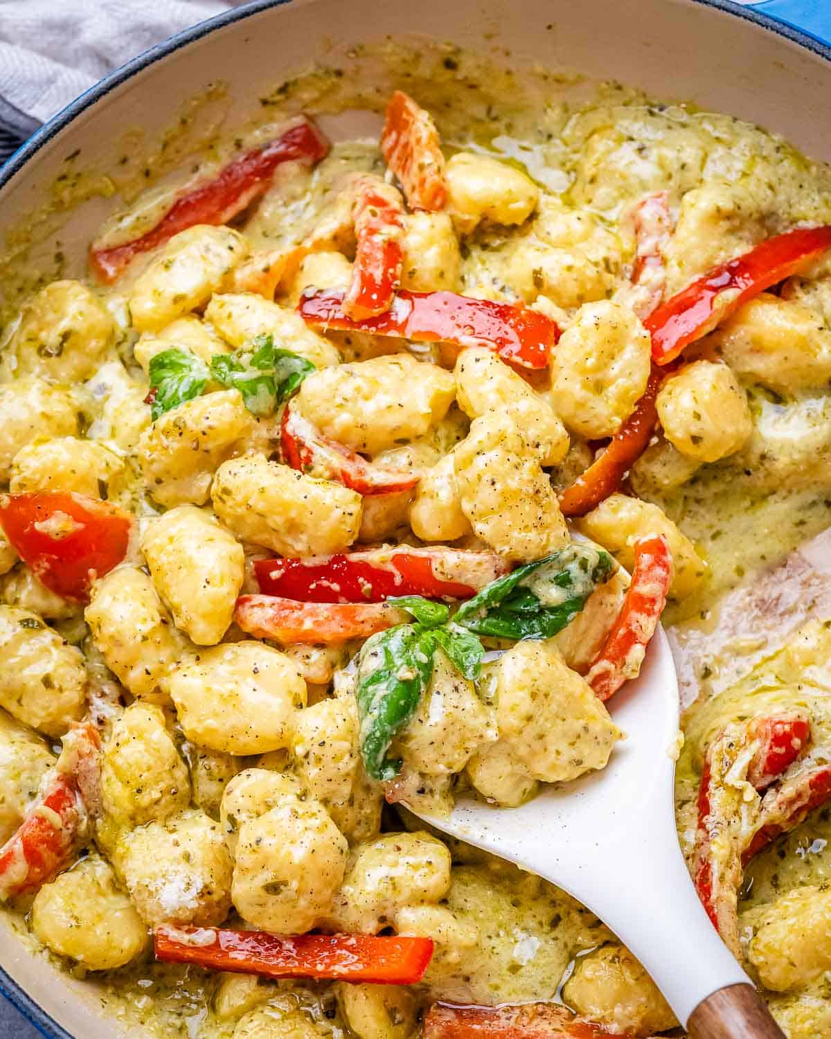 gnocchi in a pepper and pesto creamy sauce.