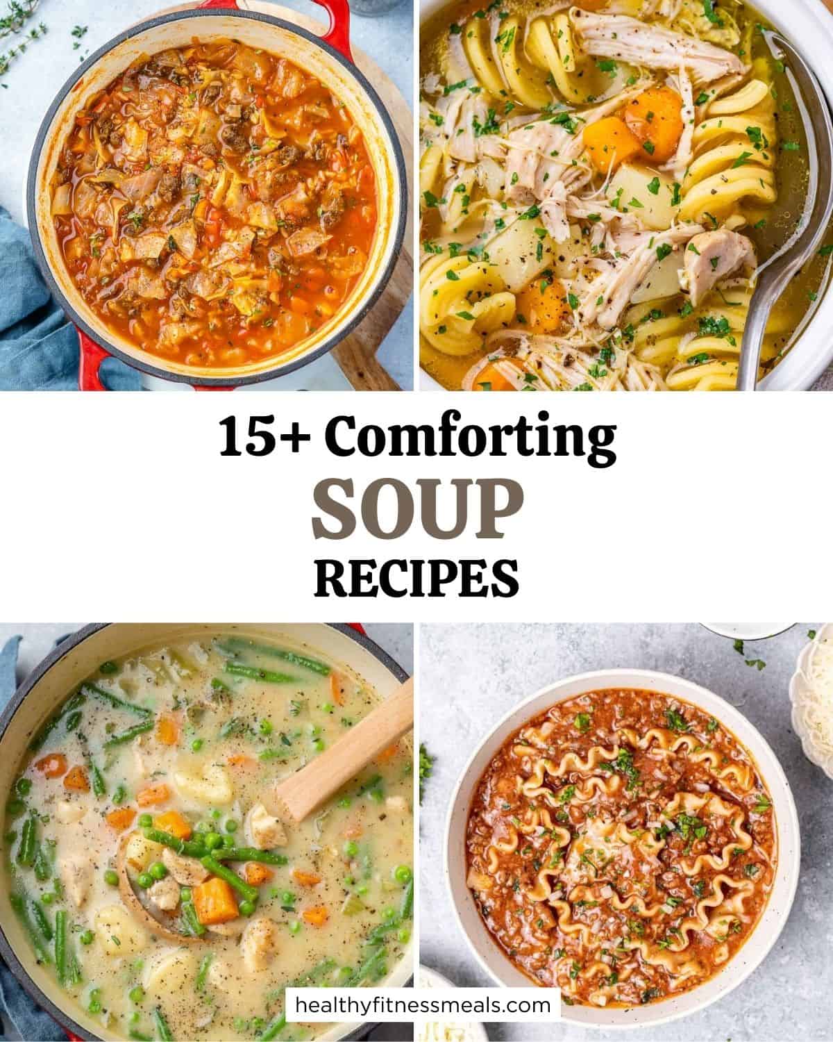 collage of 4 images for soup recipes roundup