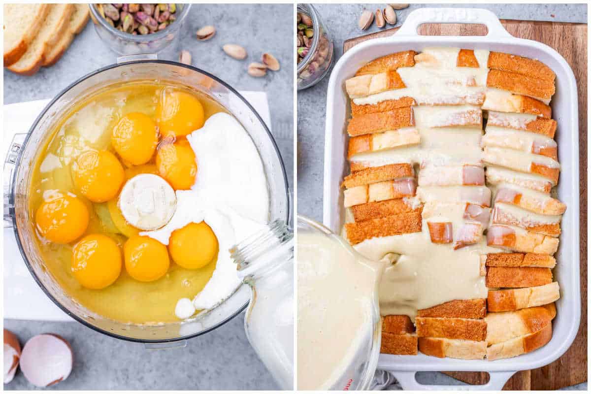 process shot to blending the pudding mix for french toast casserole and pouring it over bread in a dish.