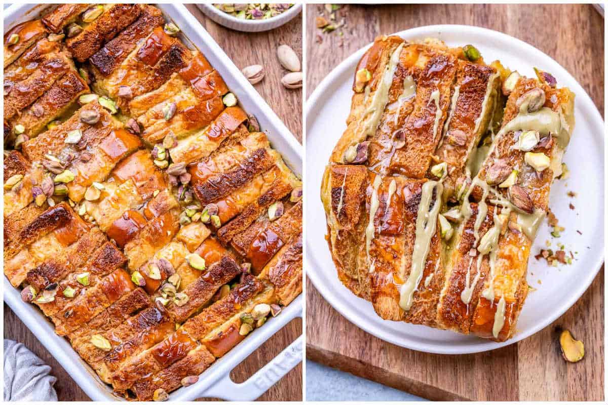 process shot of baking the french toast casserole and serving on a plate.