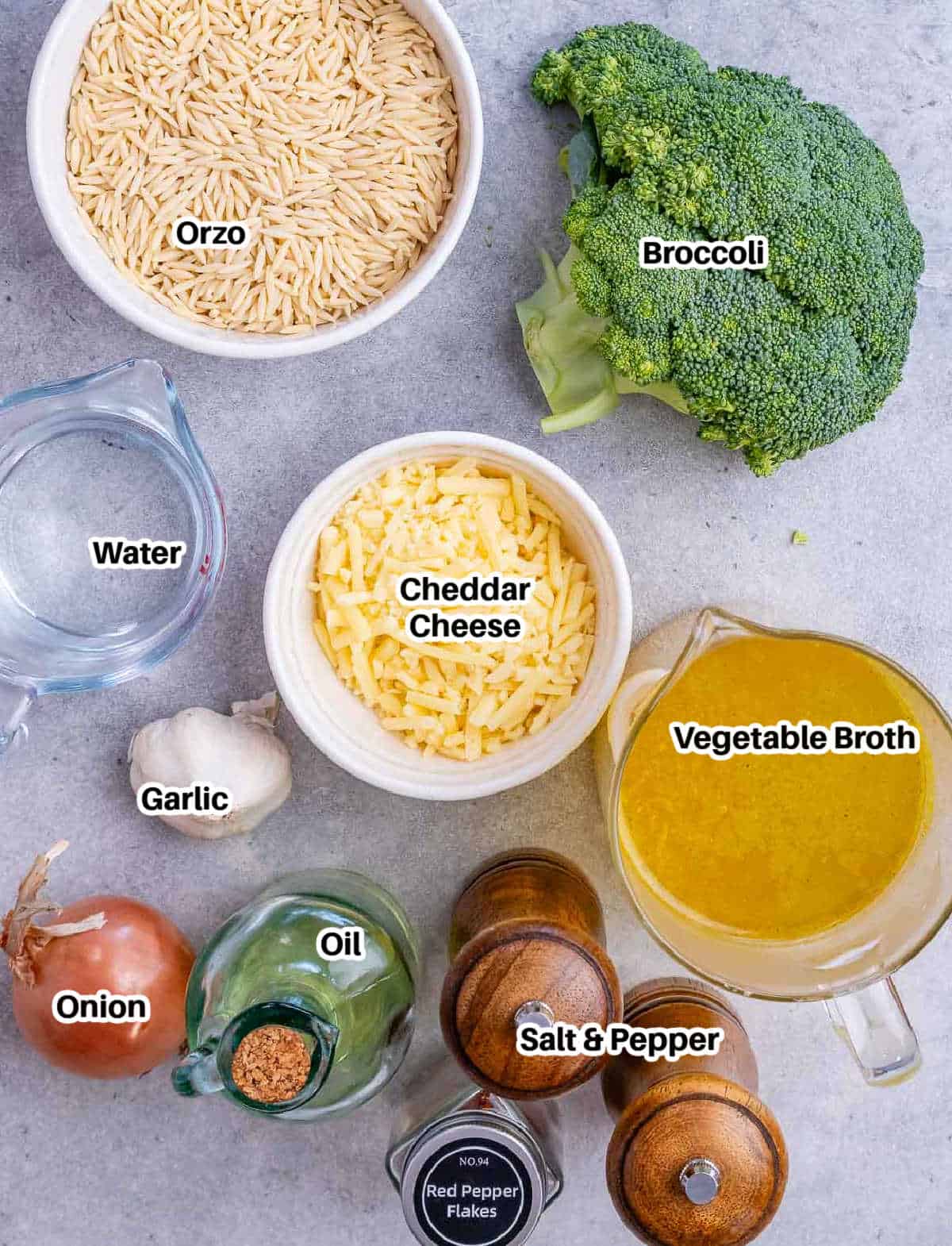 ingredients for broccoli cheddar orzo.