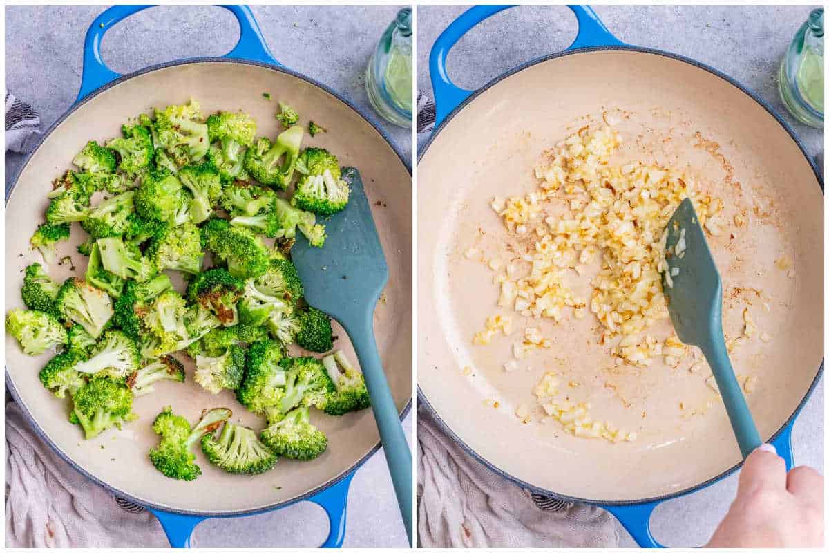 process shot to cook the broccoli and sauteeing the onion and garlic.