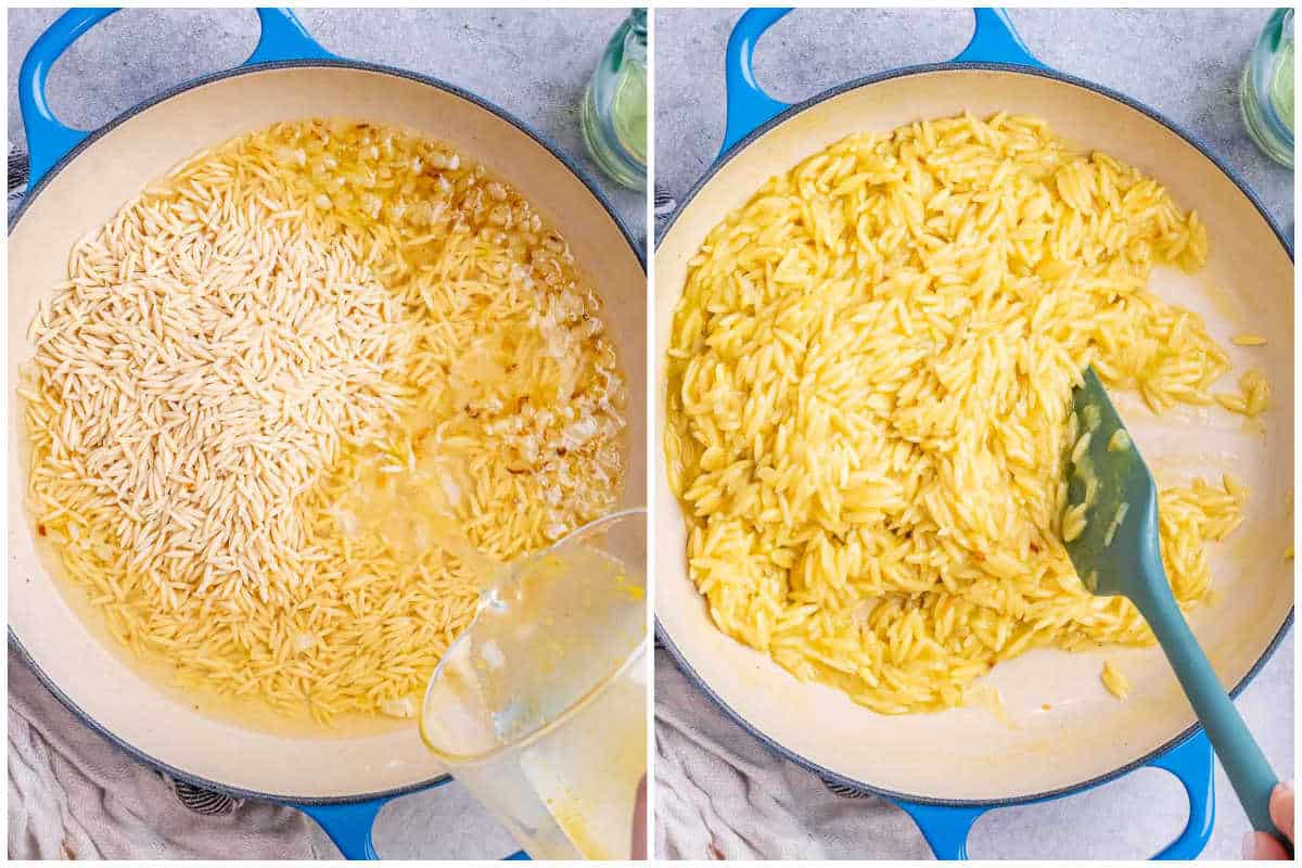 process shot to cook the orzo in the skillet with broth and cheese.