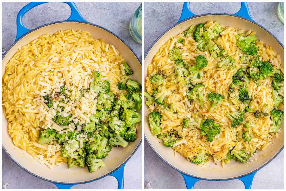 process shot of adding the broccoli to the cheesy orzo.