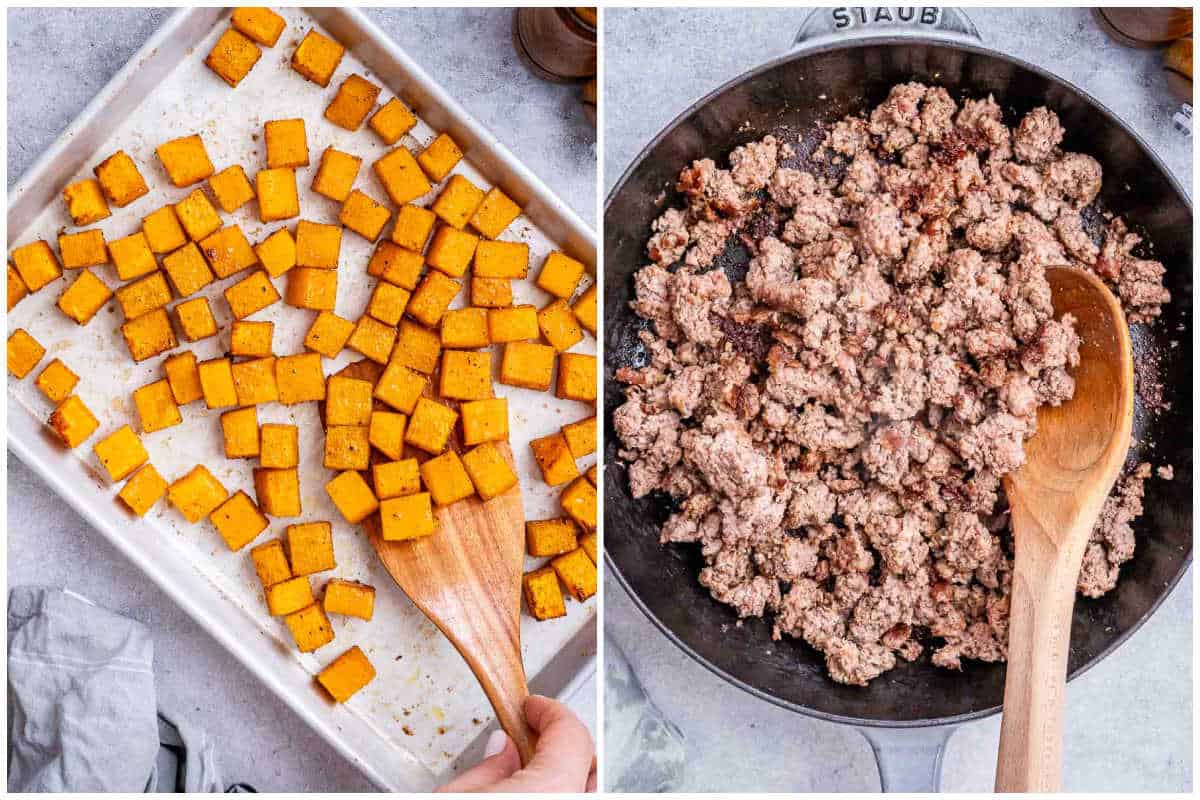 process shot to roast the butternut squash and cook the ground beef.