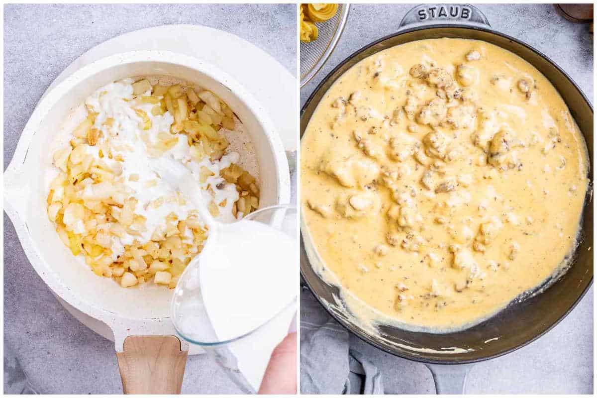 process shot to make the cheesy sauce and adding it over the pan with the ground beef.