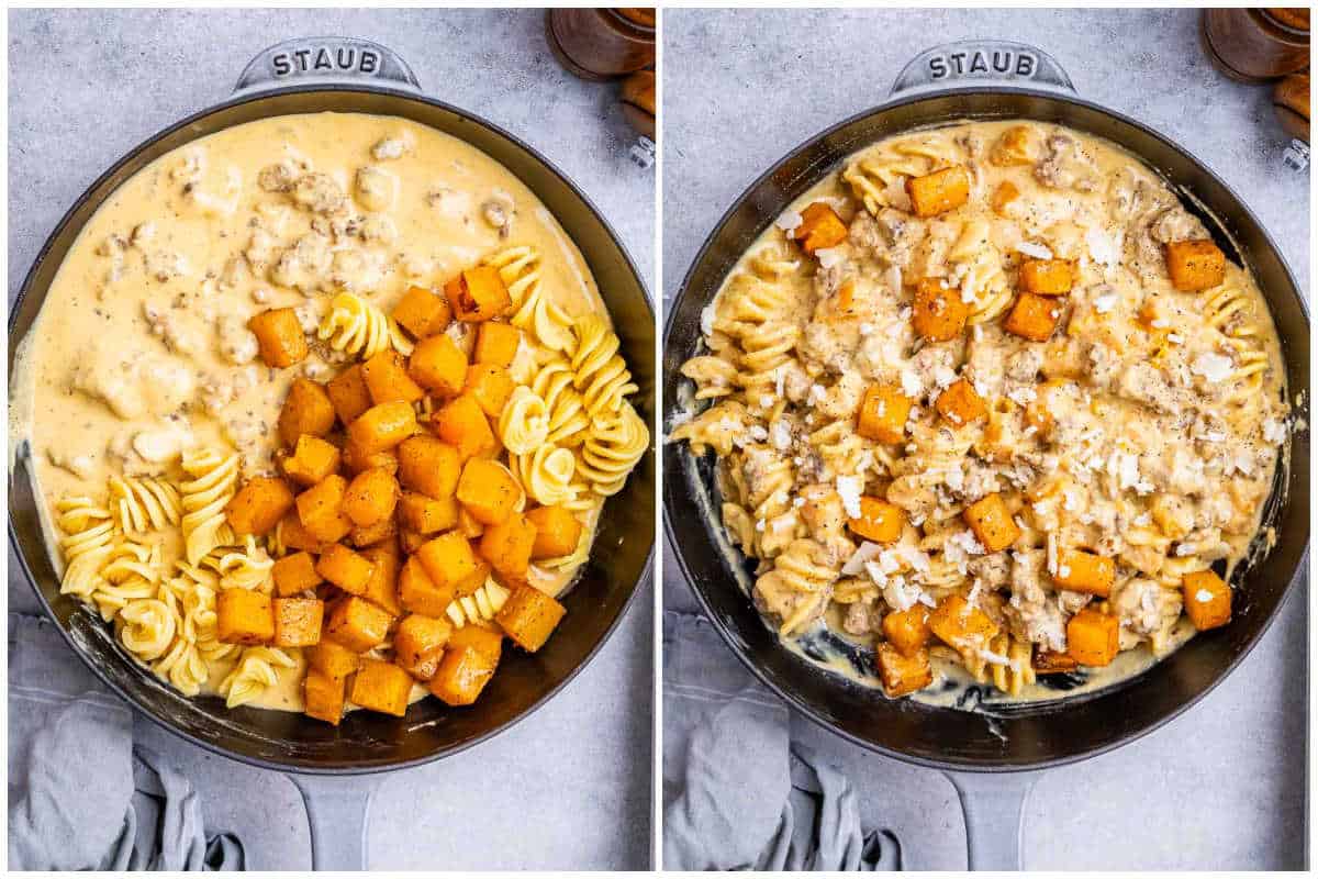 process shot to add the pasta and butternut squash in the skillet.