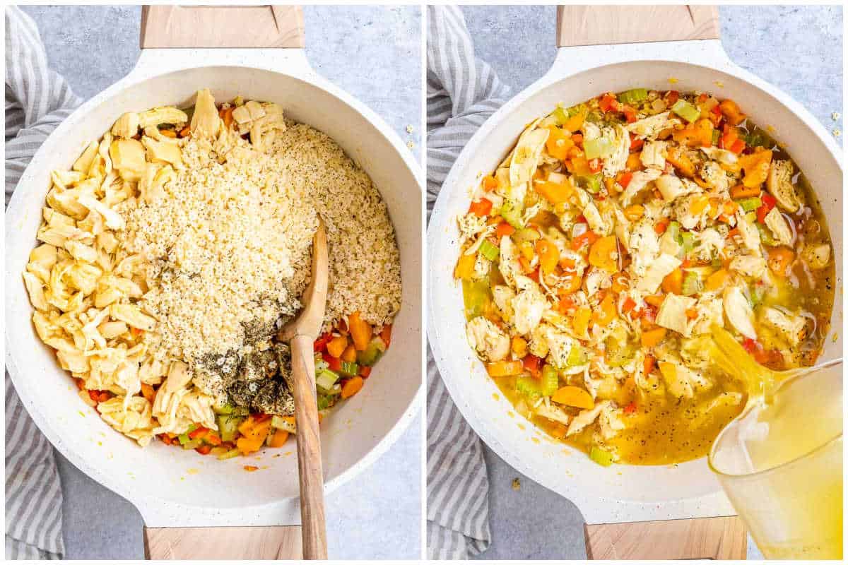 process shot of adding the pasta to the veggies in the pot then adding the broth and cooking to make soup.