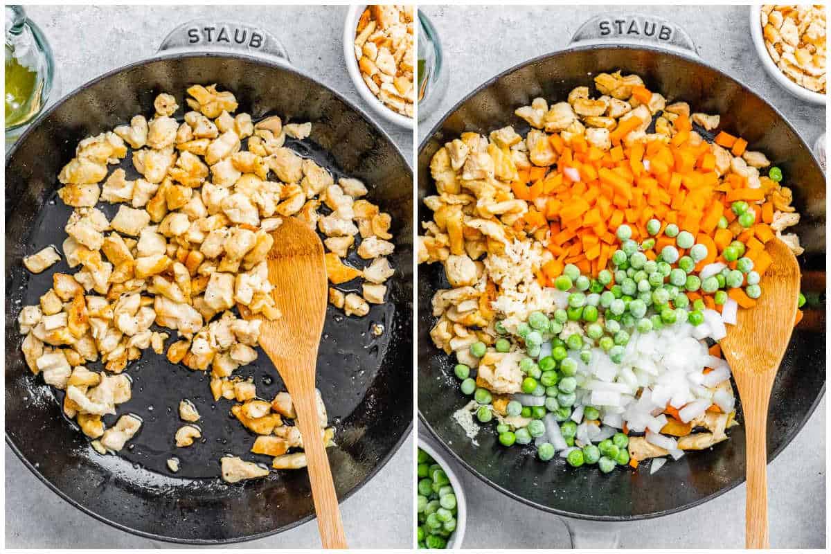 process shot with chicken bites being cooked in a skillet in the left image and the right image is a skillet with veggies added over the cooked chicken.