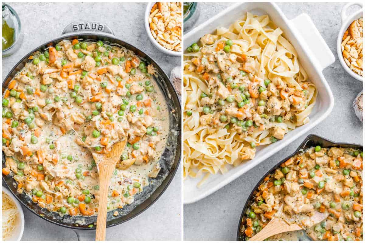 process shot of adding the creamy chicken pot pie filling over the egg noodles.