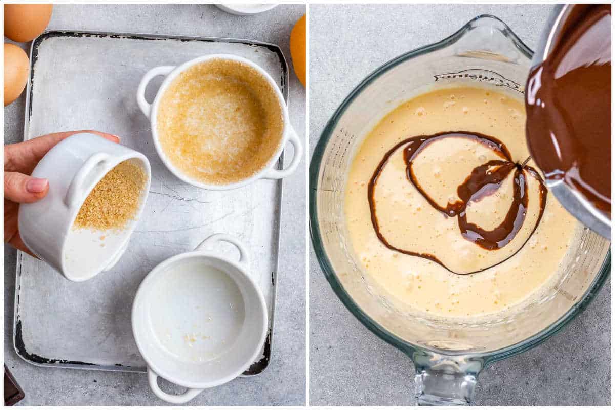 process shot to add sugar in ramekins, and adding chocolate over whipped eggs.