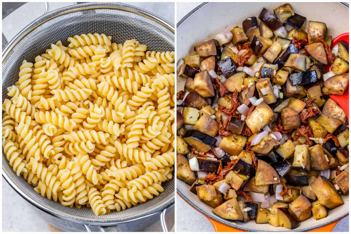 process shot to cook the pasta and then cook the eggplant in a skillet.