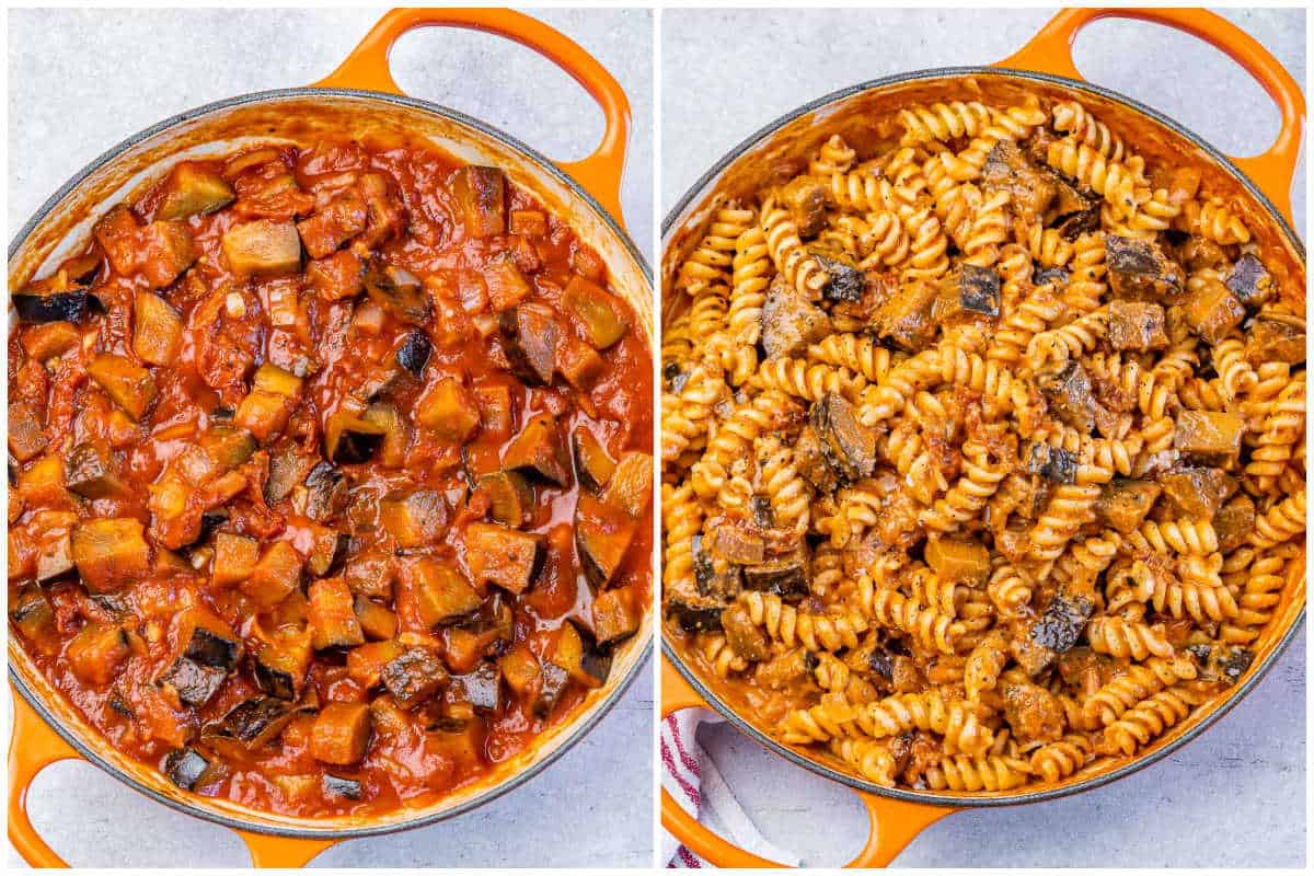 process shot to make the eggplant sauce and add the pasta in and mix.