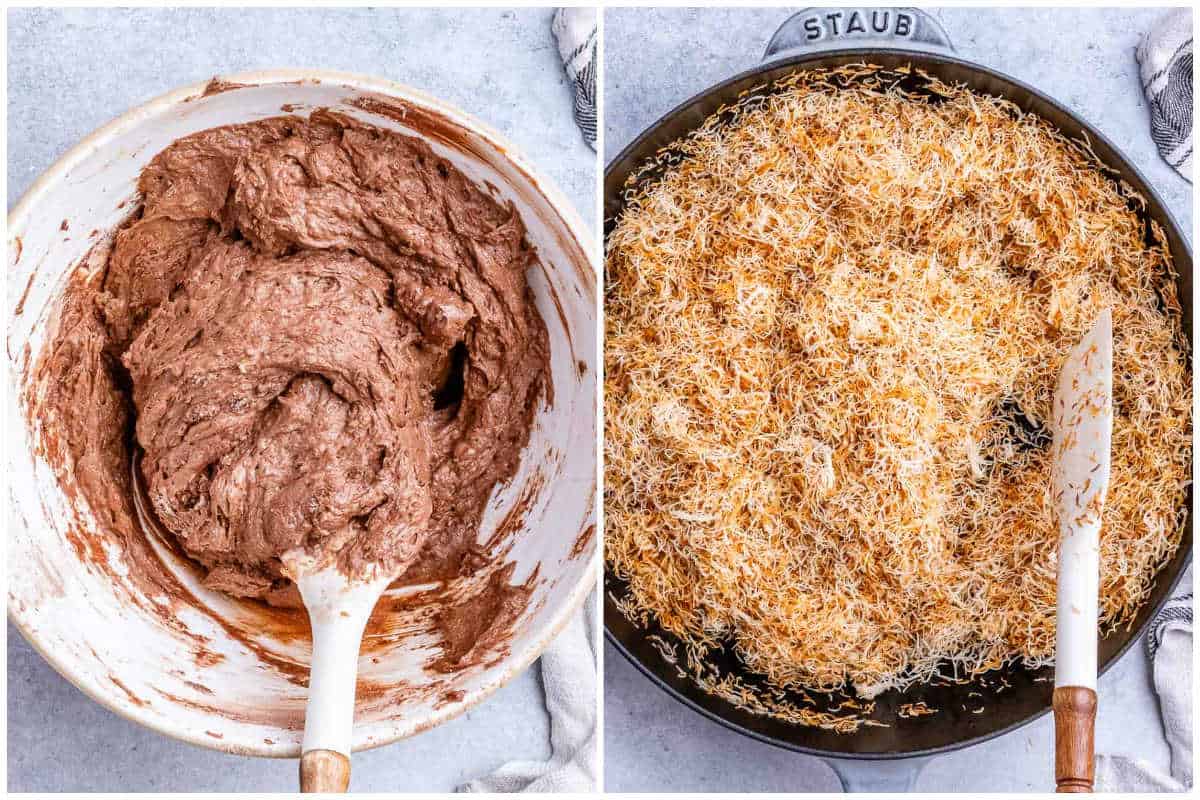 process shot to make the brownie base and toasting the kataifi.