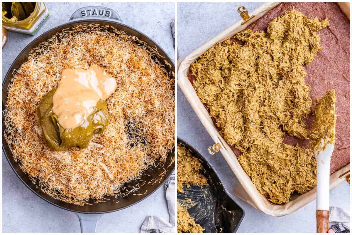 process shot to make the kataifi filling and add it over the baked brownie.