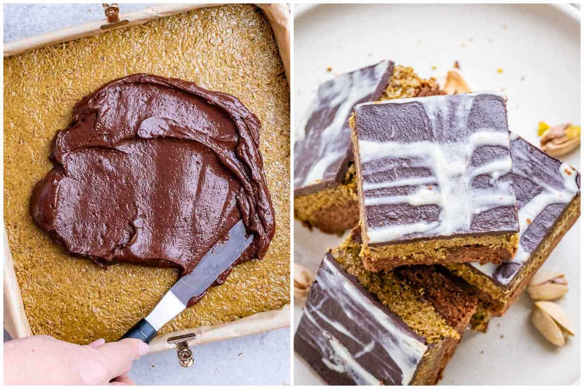 process shot to adding ganache over the filling on brownies and then cutting the brownies into squares.