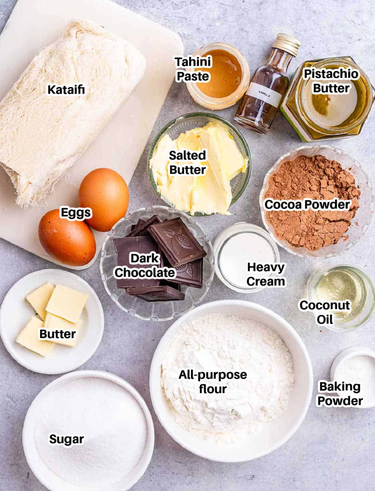 ingredients to make Dubai chocolate brownies.