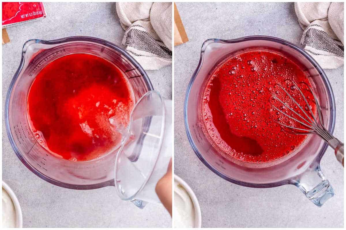 process shot of adding water to a jello powder mix in a bowl and then mixing.