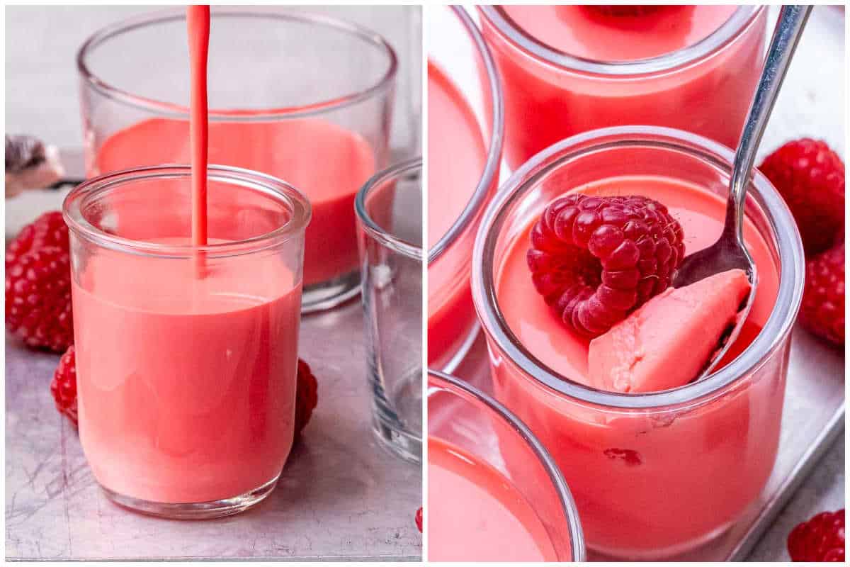 process shot to pouring the jello mix into the cup and serving the jello in a cup with spoon in it.