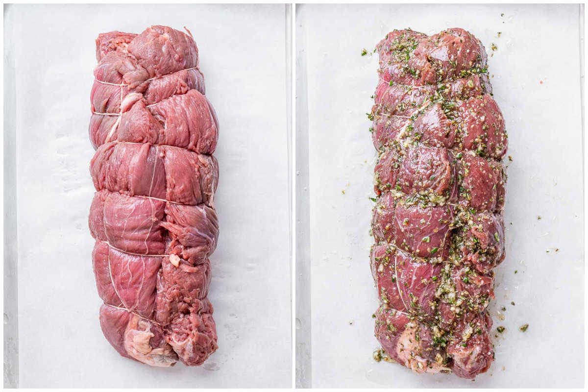 process shot to prepare the beef roast and marinate it with garlic and herbs.