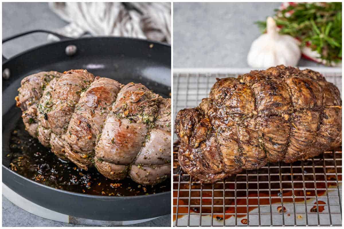 beef roast seared in the pan in the left image, and the right image is a the beef roast done in a wire rack.