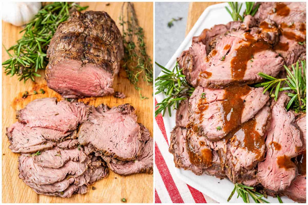 process shot. left image is sliced roast beef on a cutting board, and on the right is sliced roast beef on a plate with gravy drizzled over it.