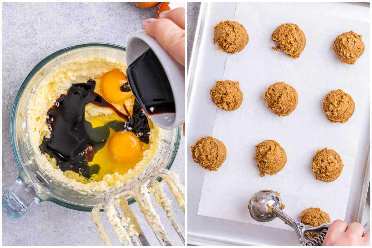 process shot to add molasses to the blended butter and eggs and adding dough to a sheet pan.