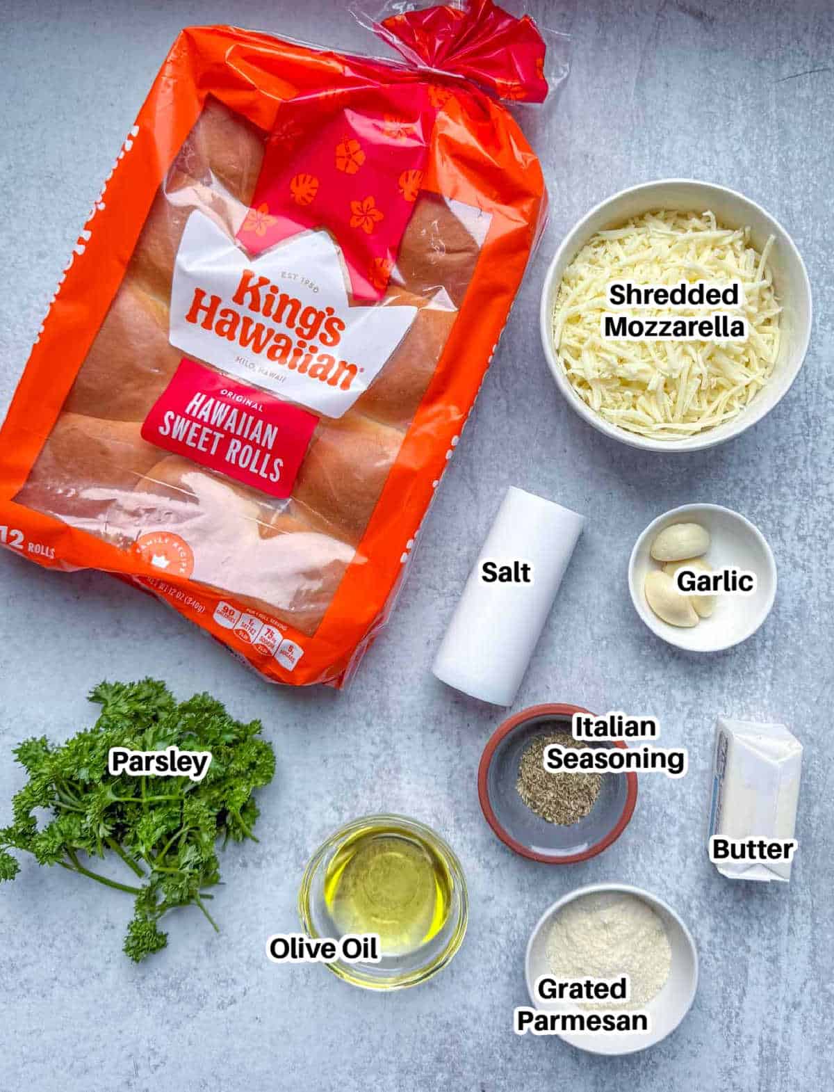 Ingredients to make garlic Hawaiian bread rolls.