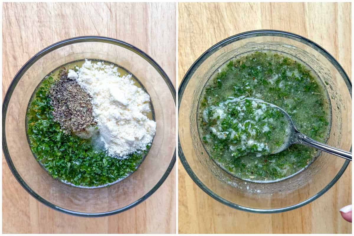process shot of a bowl with the garlic butter mixture for garlic bread.