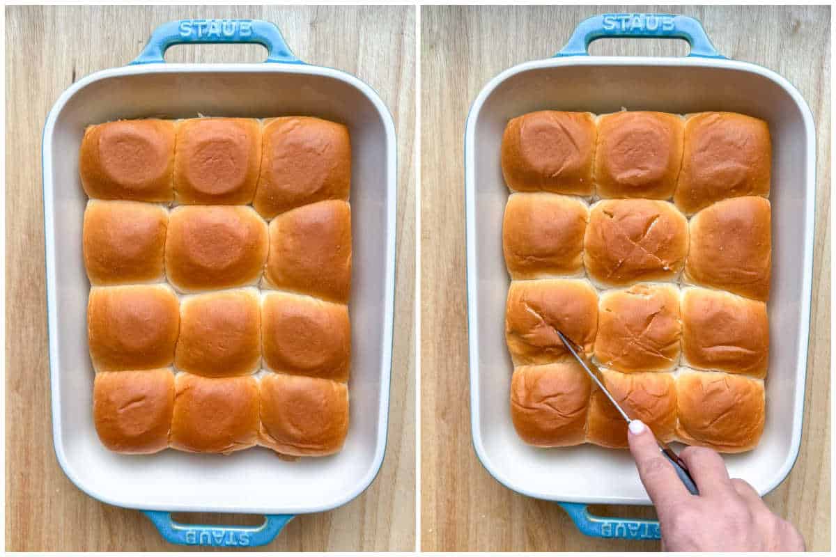 process shot of cutting an X in the middle of each roll in a baking dish.