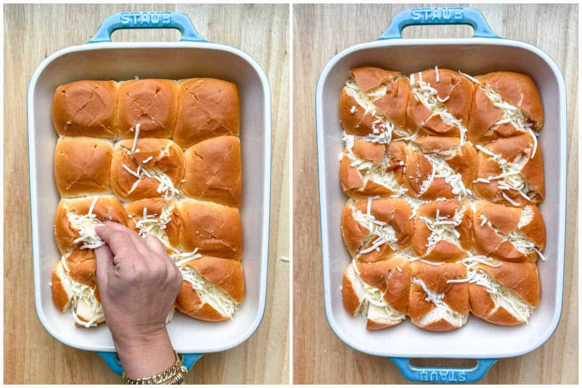 process shot of adding shredded mozzarella into each roll.