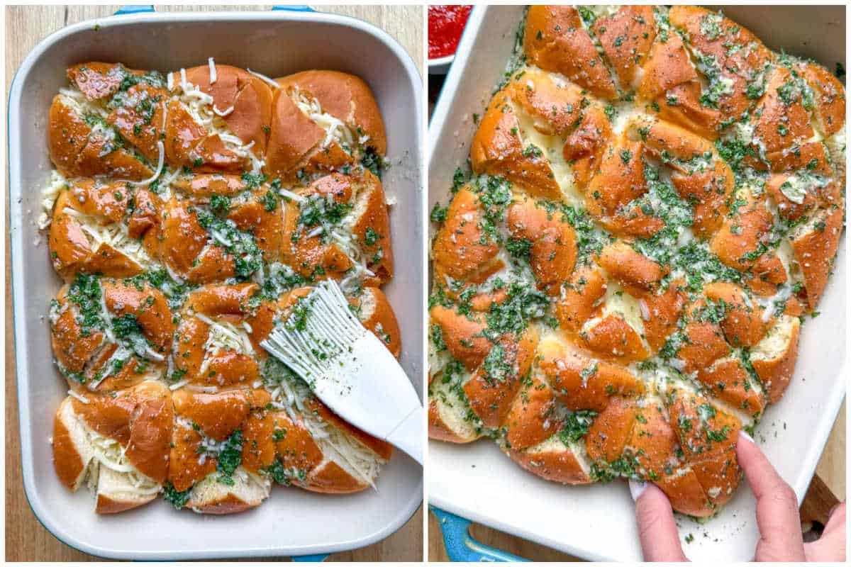 process shot of brushing garlic butter over each roll in a baking dish.