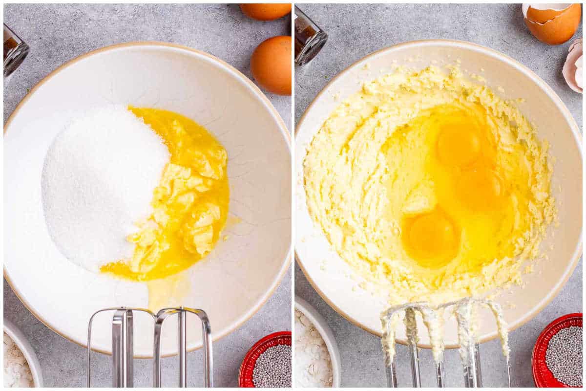 process shot of whisking the eggs with butter and sugar.