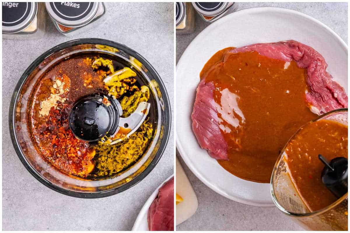 process shot to make the marinated for the steak and pour it over the steak.