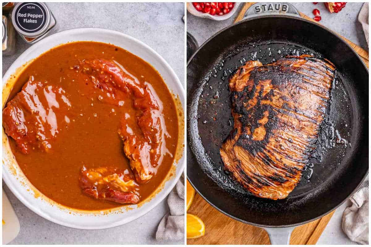 process shot to cooking the marinated steak in a skillet.