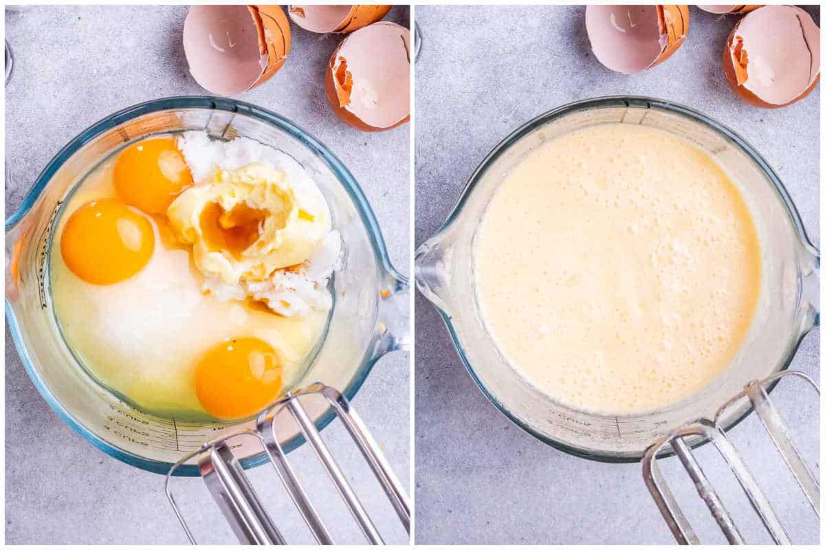 process shot of mixing the egg with butter and oil to make brownies.