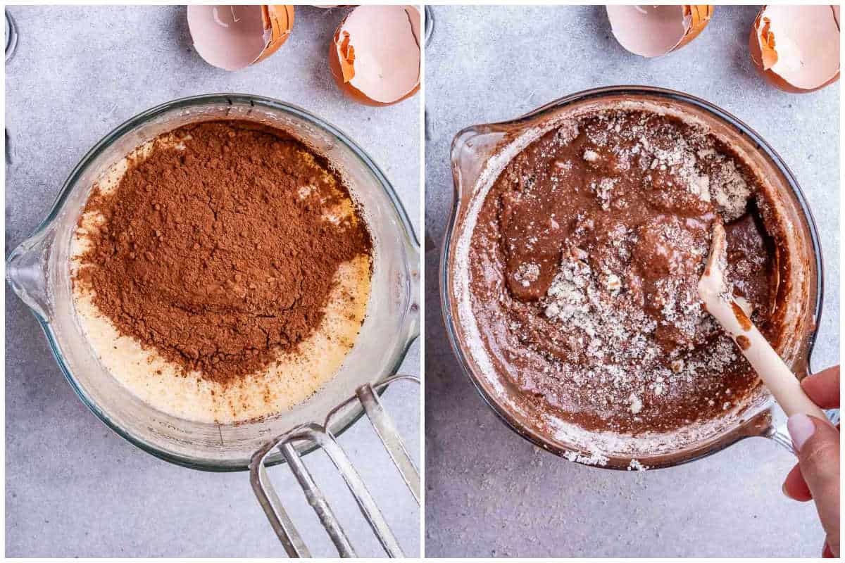 process shot to add the cocoa powder to the egg mixture to make brownie batter. 