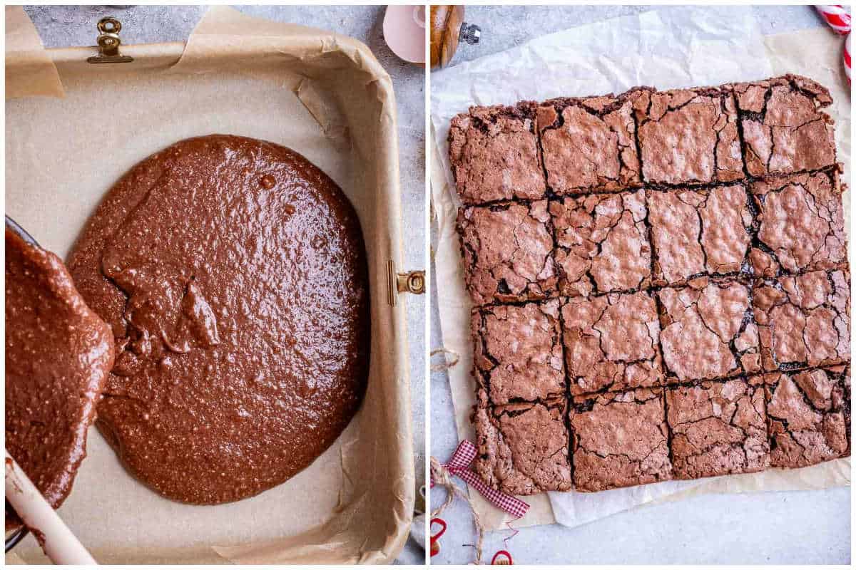 process shot to pour the brownie batter into pan, baking, and cutting into squares.