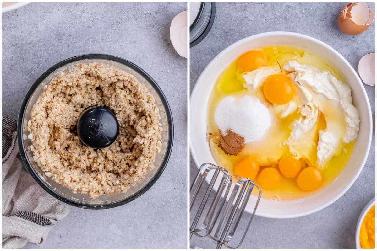 process shot to make the cheesecake base and whisking the cheesecake filling.